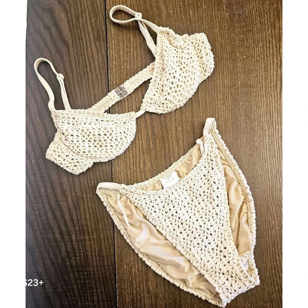 Baja Blue Vintage 90s Crochet Bikini Set Cream‎ Underwire Top Sz 12 Bottom 10 US